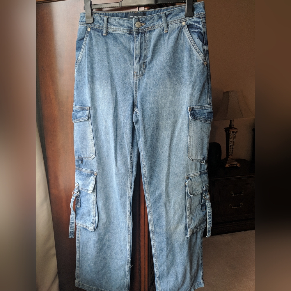 Aeropostale Blue Wide Leg Cargo Jeans Size 12